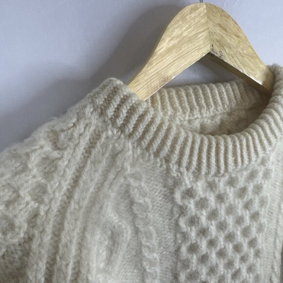 Vintage Aran Fisherman Sweater Cream Wool Cable Knit Women’s M/L Handknit - Picture 3 of 5